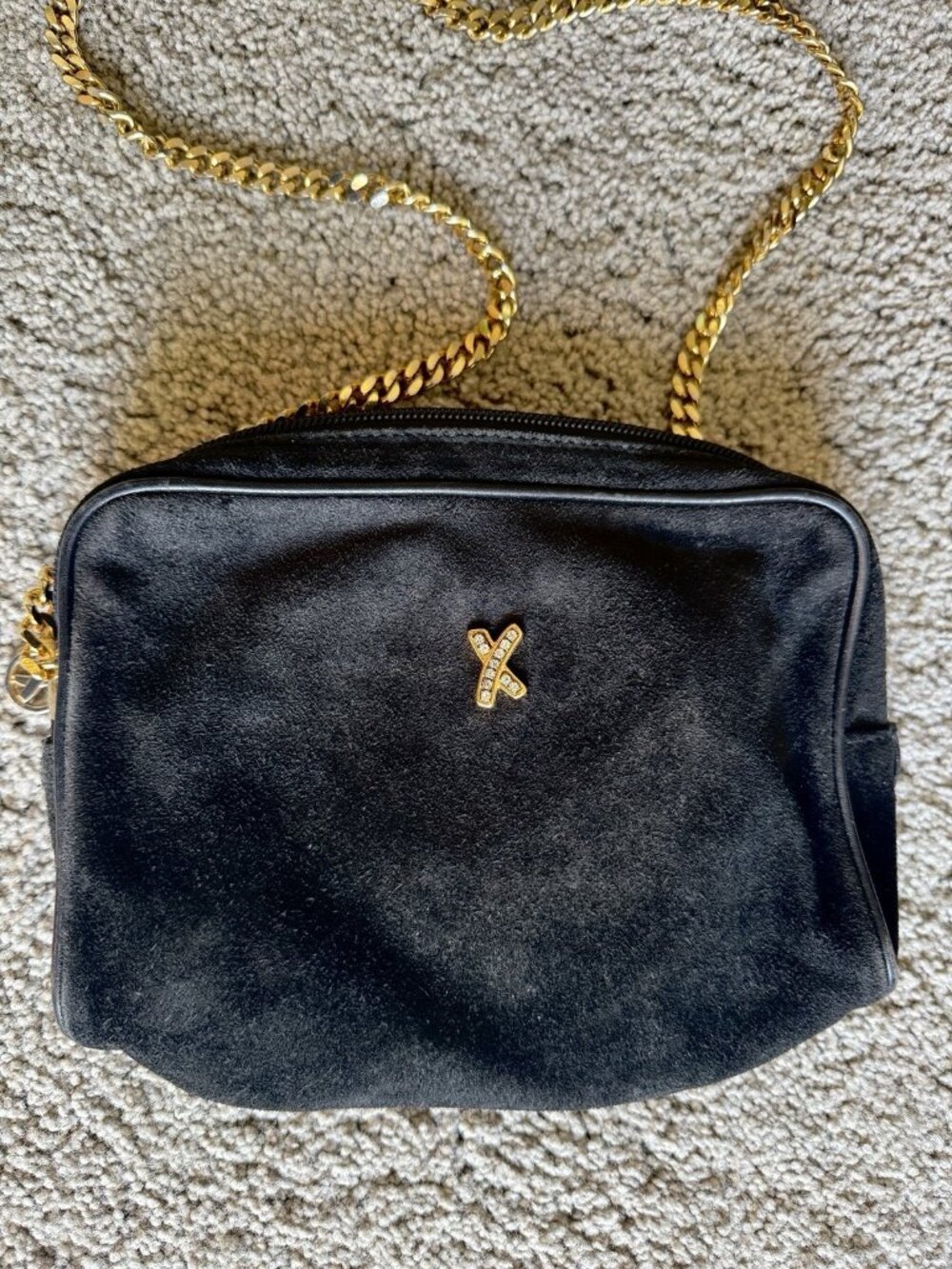 Vintage PALOMA PICASSO Black Suede SHOULDER BAG Gold Chain Strap Crossbody LOGO